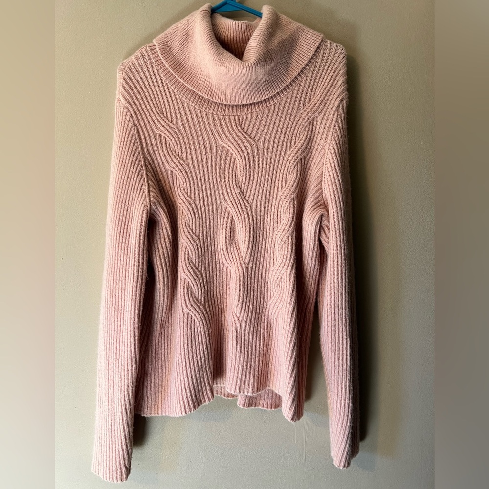 Ann Taylor sz L blush color pink cable knit wool blend cowl neck sweater.